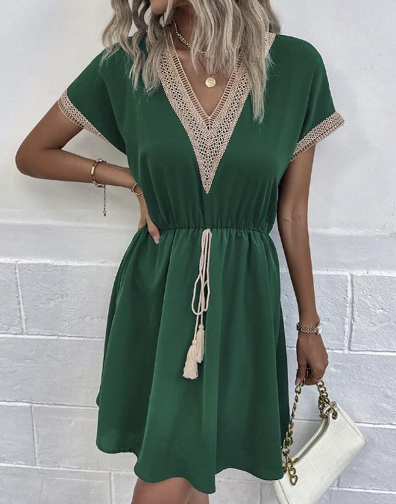 Fashion Women's V-neck Casual Summer Solid Color Short Sleeve Dress