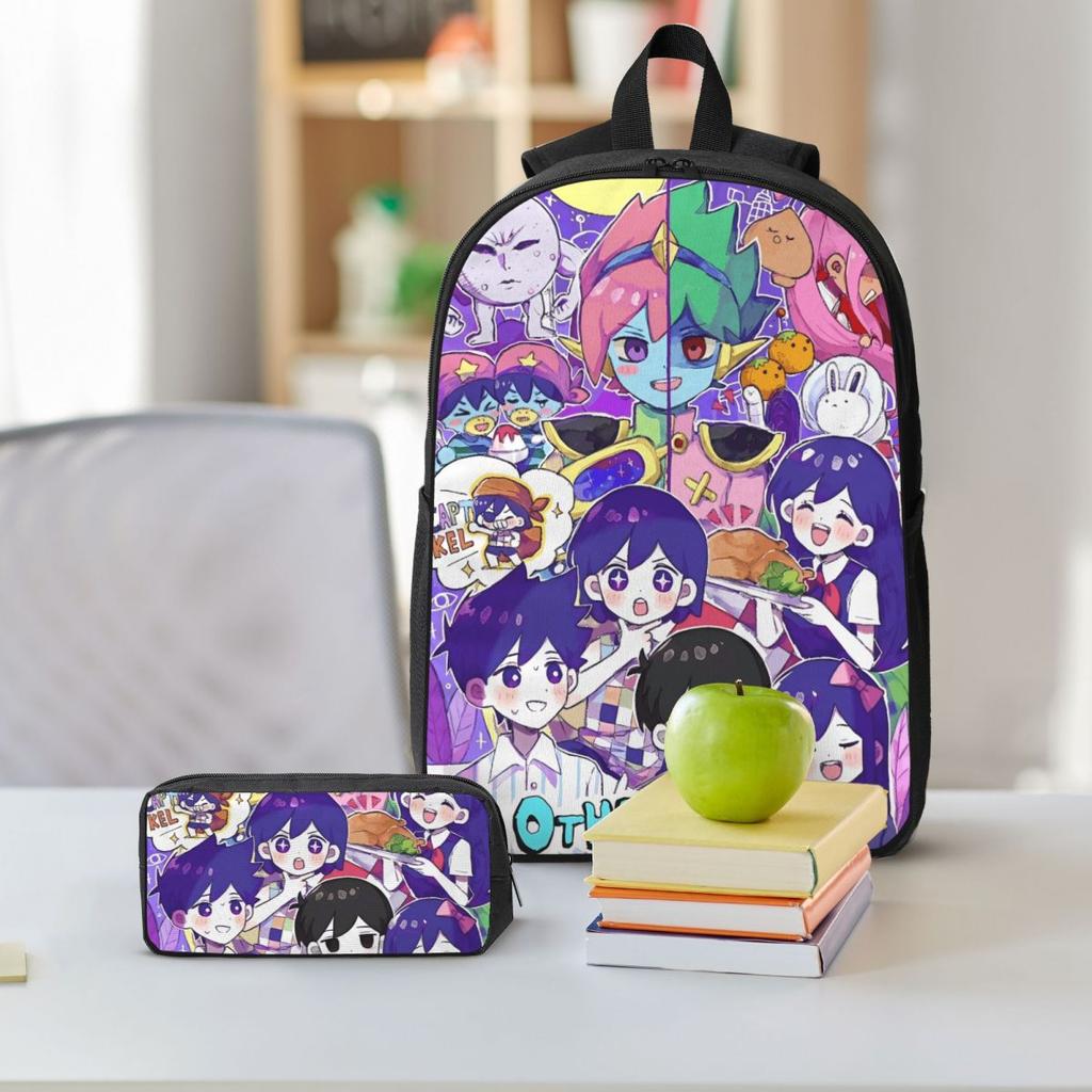 3 Stück Omori Lustige Videospiele Rucksack Set für Kinder Federmäppchen Schultaschen Sets mit Brotdose Für Schulkinder Tagesrucksack