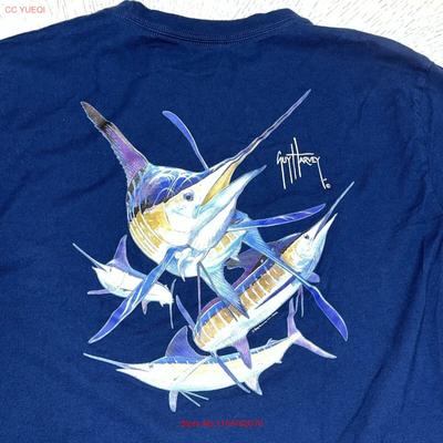 Guy Harvey T Shirt Large Blue  Fishing Marlin Crew Neck Casual Vintage Washed Stretched Unisex Graphic Stylish Homme Breathable