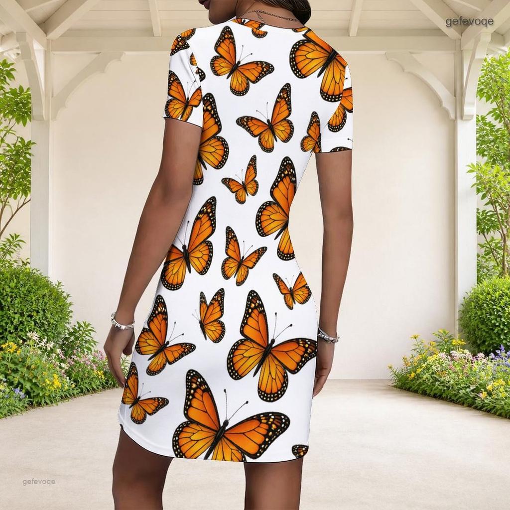 Women Plus Size Round Neck Short Sleeve Butterfly Floral Bow Print Fitted Mini Dress