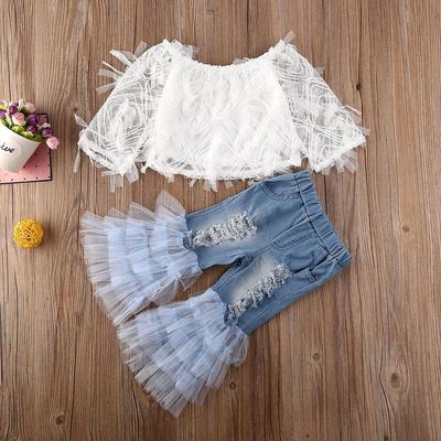 Yürüyor Bebek Çocuk Kız Giysileri Dantel Üstler + Fırfır Delik Kot Pantolon Kıyafetler Set