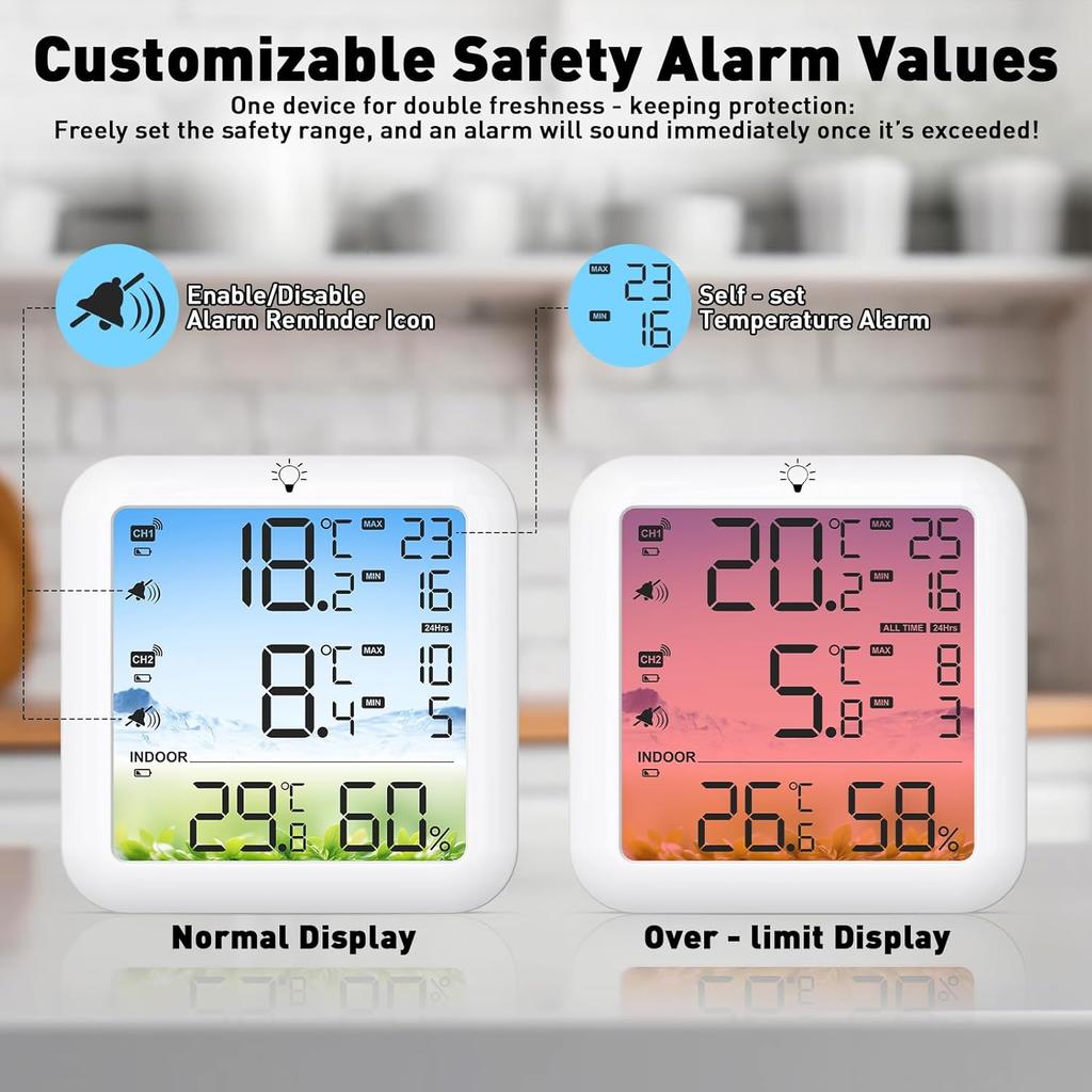 Wireless Freezer Thermometer with Alarm Household Digital Temperature Gauge Refrigerator Digital Thermometer with Backlit Display Prevent Food