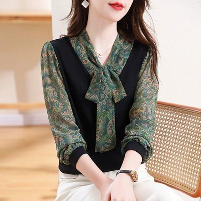 Blouse Décontractée à Manches Longues Noir avec Inserts, Col Écharpe Imprimé Cachemire Vert pour Femme