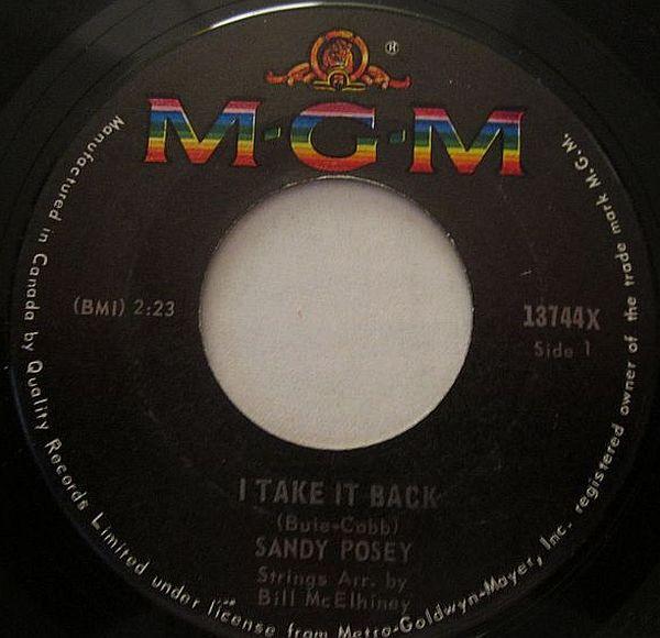 

7inch Record SANDY POSEY - I Take It Back 13744X MGM 1967 Canada Jazz Used