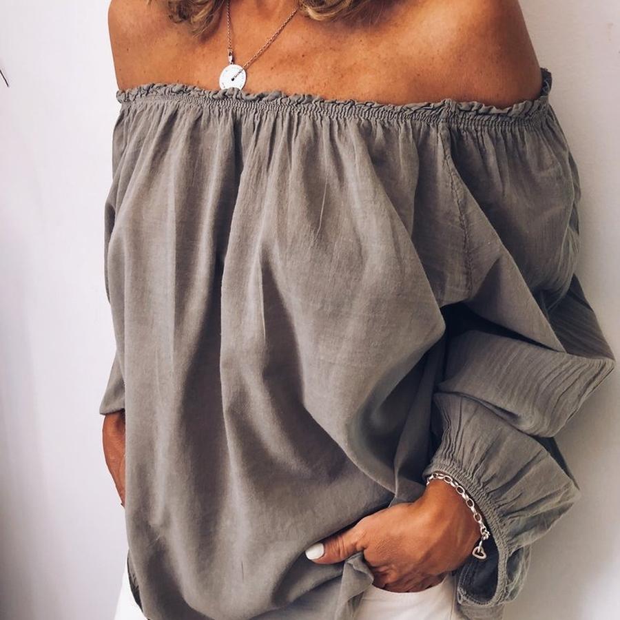 Autumn Wish One-Sleeve Elastic Waist Pleated Wrinkle Cotton Linen Solid Color Long Sleeve Women's Shirt