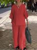 2024 Women's Cotton Linen Fashion Set: Casual Seven-Sleeve Top and Wide-Leg Pants Two-Piece Set