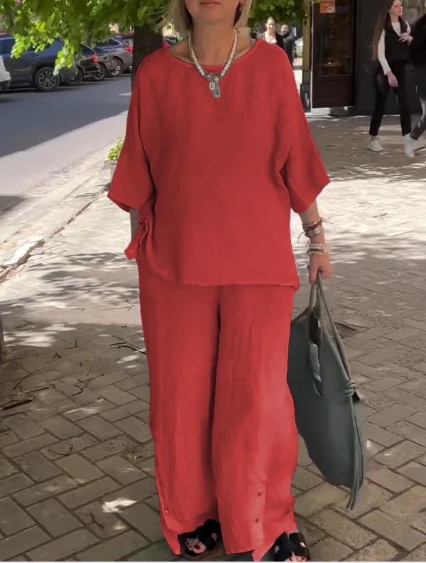 2024 Women's Cotton Linen Fashion Set: Casual Seven-Sleeve Top and Wide-Leg Pants Two-Piece Set