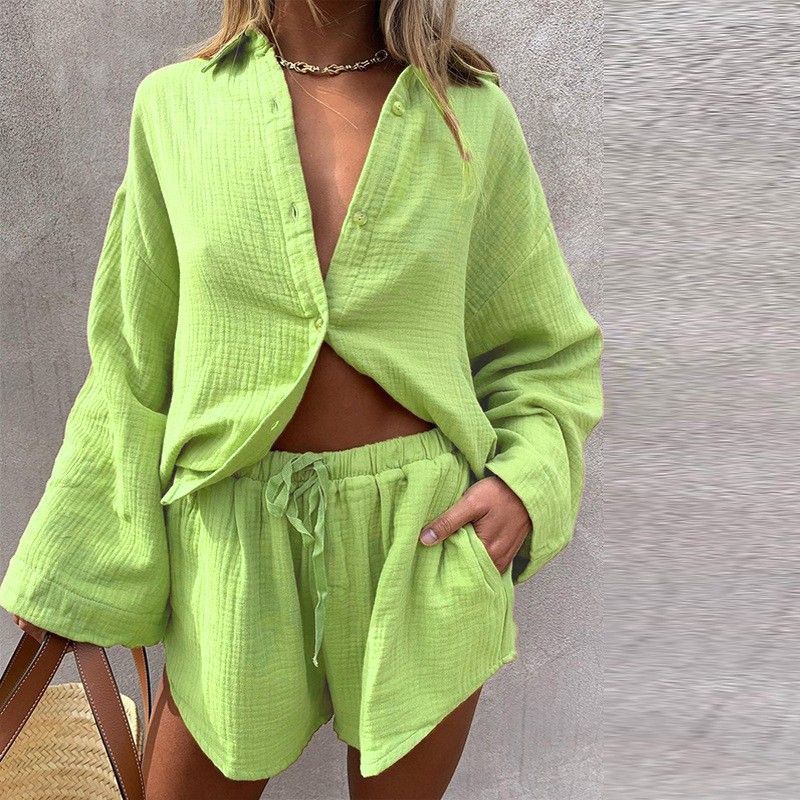 Loose Long Sleeve Shirt and Shorts Set Loose Long Sleeve Shirt Shorts Suit