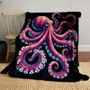 Colorful Octopus Illustration On Black Patterned Blanket, Flannel, Suitable for All Seasons, Home Decor, Warm and Cozy