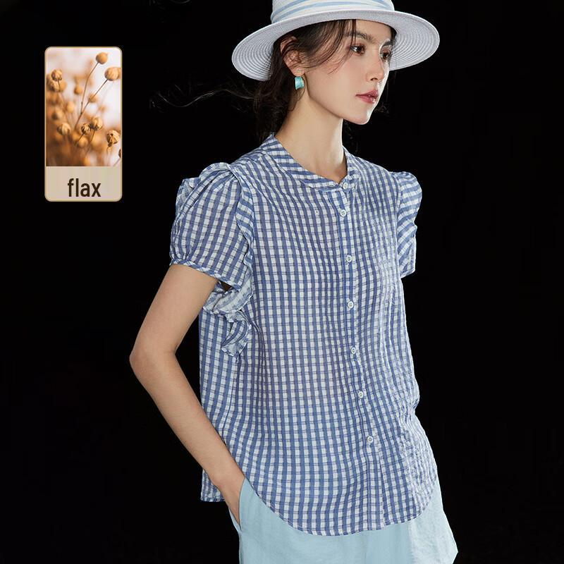 Wudao Women s Blue & White Plaid Linen Blend Short Sleeve Shirt L