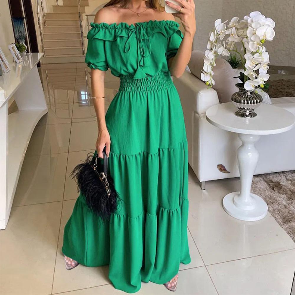 Women's Off-Shoulder Short Puff Sleeve Solid Color Tiered Maxi Dress