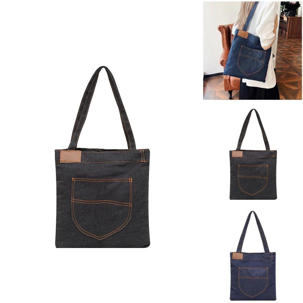 Denim Shoulder Bag Large Capacity Shopping Tote With Zipper For Daily Use