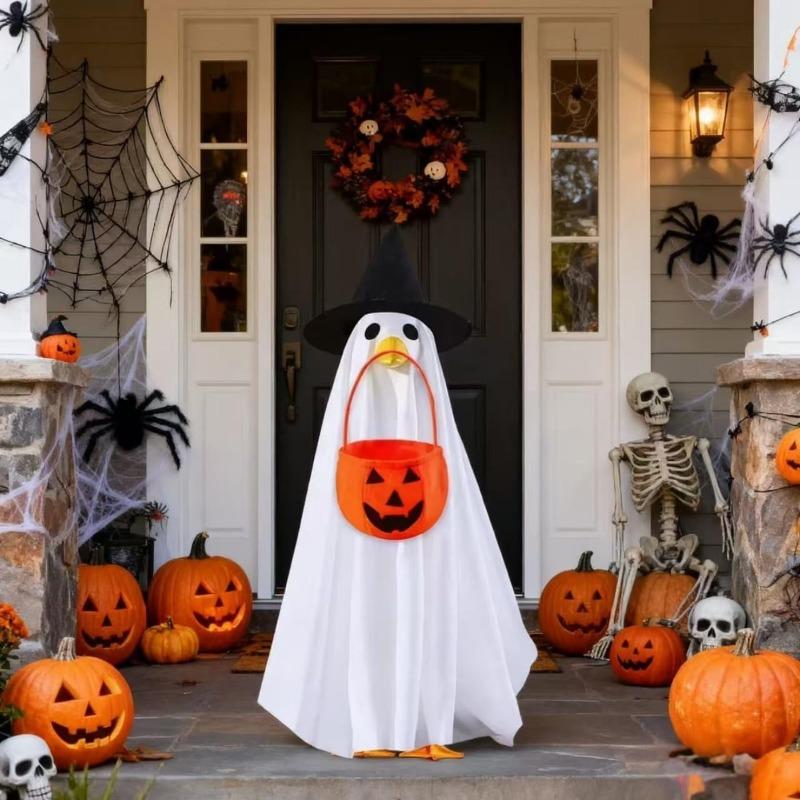 23 Inch Halloween Porch Goose Ghost Costume with Witch Hat and Pumpkin Basket for Porch Yard Holiday Decor