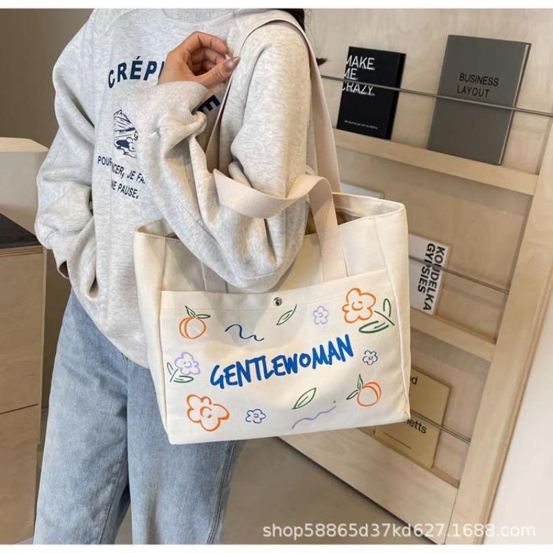 

New canvas bag women s new fashion flower shoulder bag college student hand bag commuting large capacity tote bag
