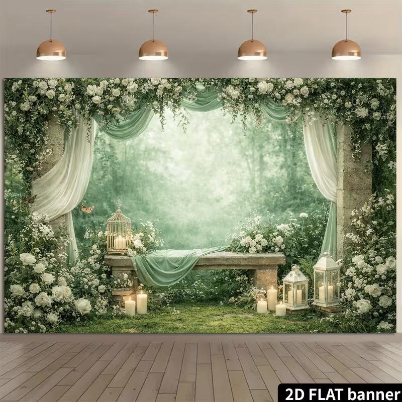 2D Enchanted Forest Stone Bench Photo Booth Background
