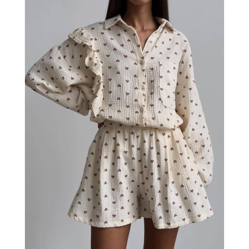 Fashion Ruffle Heart Cotton Linen Homewear Set