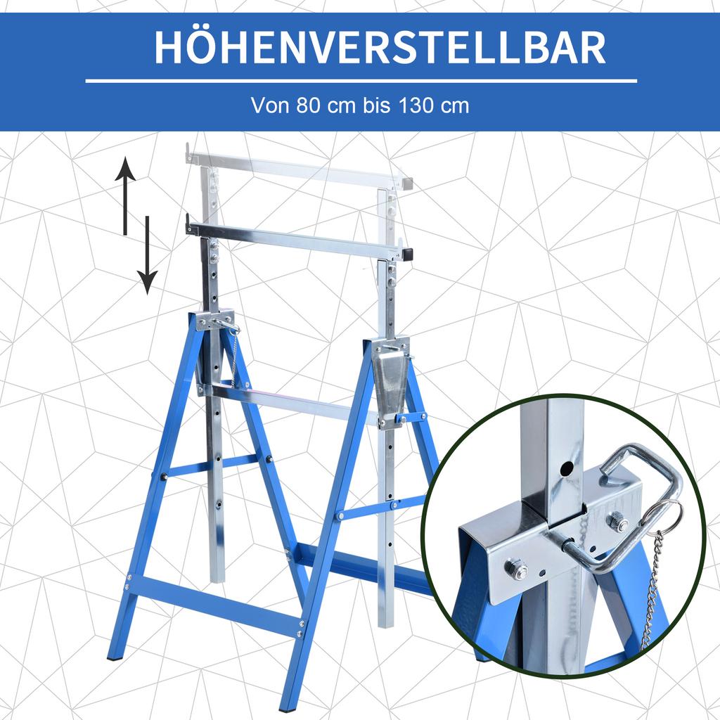 2-Piece Set Work Trestle, Load Capacity up to 200 kg, Foldable, Sawhorse, Height-Adjustable 80-130 cm, Scaffold Trestle Made of Steel