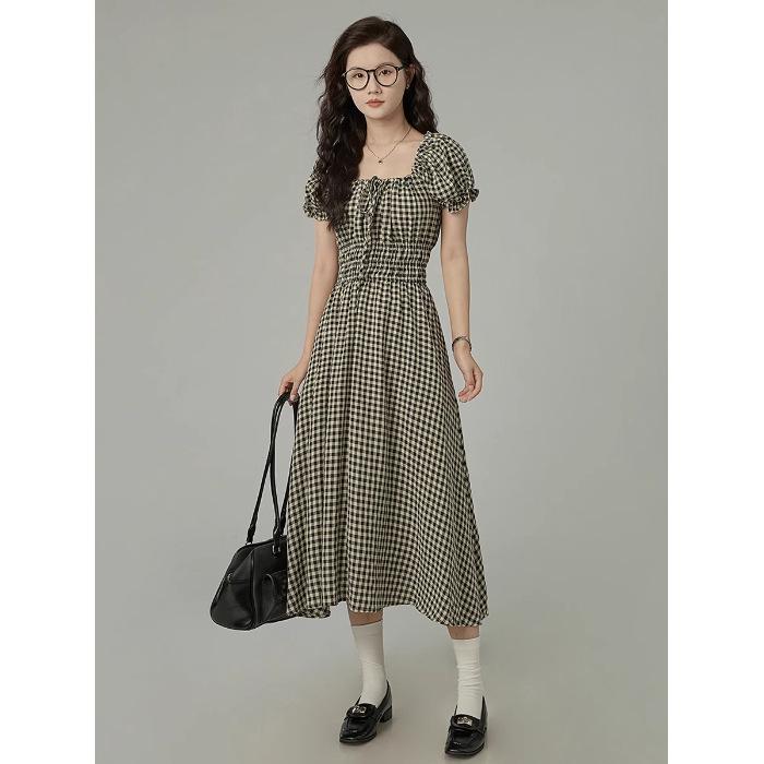 

The original method, front and rear, plaid waist and thin dress, summer vacation fashion seaside beach dress S