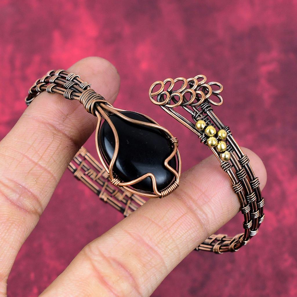 Black onyx bangle copper wire wrapped adjustable cuff bracelet copper jewelry handmade gemstone bangle wire wrapped jewelry engagement gifts