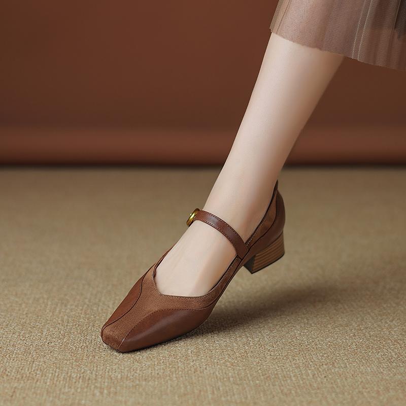 Fashion Women Shoes Pumps Genuine Leather Buckle Strap Thick Mid Heels Shoes Ins Spring 2025 Spring New Vintage Office Dress Size 34-40