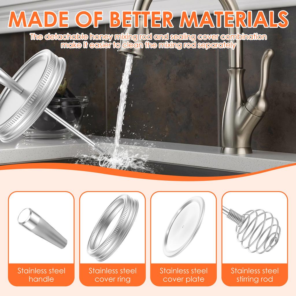 4 Pcs Mason Jar Lid with Honey Dipper Stainless Steel Honey Stirrer Lids Syrup Jam and Molasses Mason Jar Lid for Home Kitchen