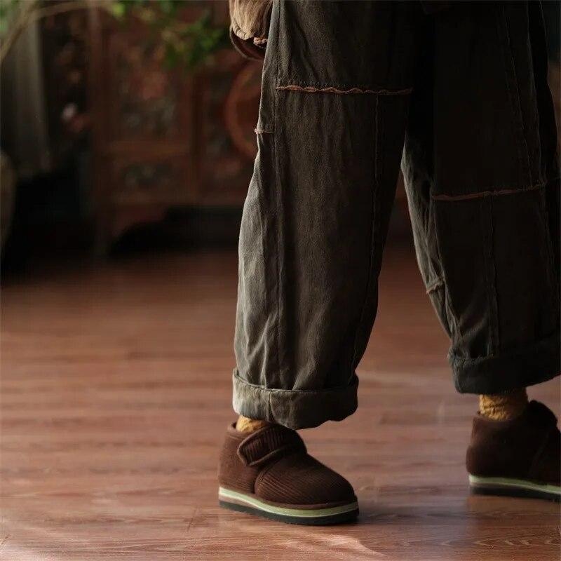 Johnature Women Vintage Plus Cotton Wide Leg Pants Green Warm Elastic Waist Winter Trouser Patchwork Loose Pants