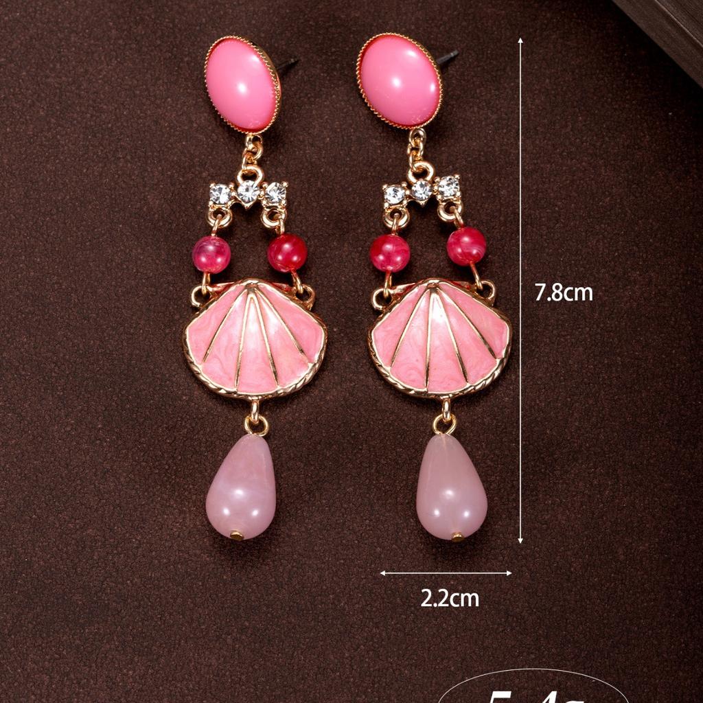 Shell shape splicing pink water drop stacking round stud earrings metal gold-plated design earrings