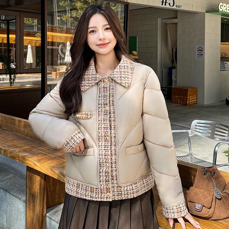 Small short spliced cotton-padded jacket for women's winter thin color knitted lapel padded jacket