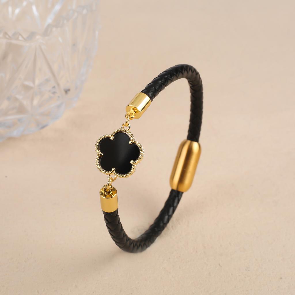 Simple Five-Leaf Flower Leather Braided Bracelet Natural Stones Clover Stainless Steel Bangle For Women Party Daily Wear Jewelry