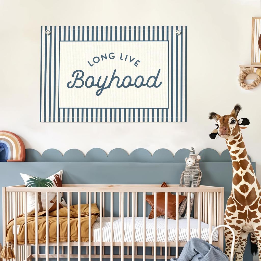 Lacama Vintage Blue Long Live Boyhood Boys Room Decor, Boy Nursery Decor, Linen Banner Wall Hanging Canvas Banner Flag Decor for Toddler Boy Room