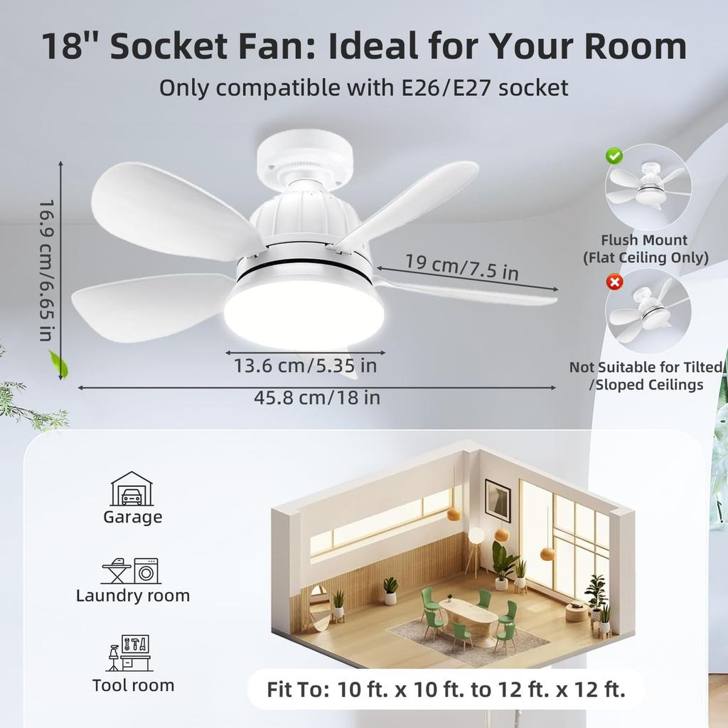 Socket Fan Light with Remote: 18'' Small Ceiling Fans with Lights, 2000 Lumens Dimmable Led Bulb, 3 Colors 3000K-6500K, Easy Install Screw in E26