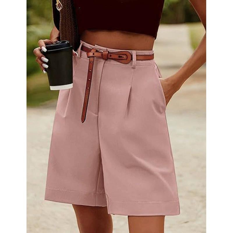 Pantaloncini Estivi da Donna Elastici Vita Alta Tasche Laterali Ampie Dritti Morbidi Monocolore Traspiranti Casual da Ufficio