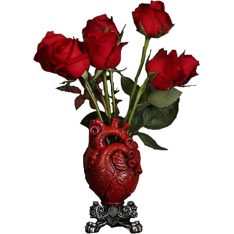Anatomical Heart vase,Resin Heart vase Flower Pot, Heart Shaped Decoration for Bedroom, Living Room, Lobby, Gothic Desktop,Blood red with Gold Base Red+silver