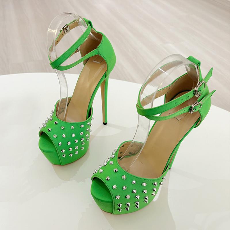 Fashion Liyke 2025 New Green High Heels Sandals Women Sexy Peep Toe Platform Pumps Fashion Rivet Decoration Ladies Party Banquet Shoes