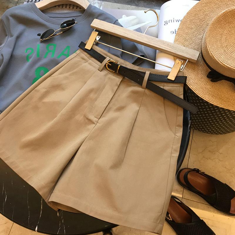 Women High Waist Wide Leg Casual Shorts All-match Three-length Straight Pants With Free Belt Elegant Commuter Summer Bottoms