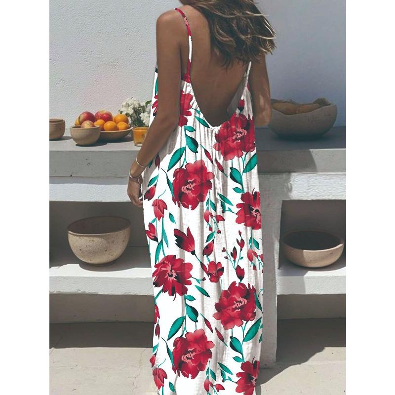 women s Floral Print Spaghetti Strap Backless Loose Maxi Dress Casual Summer Beach Sundress S