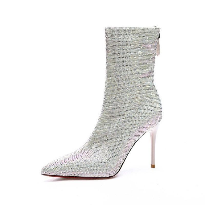 Fashion 2024 Spring and Autumn New Pointed Rhinestones Fashion Outwear Thin Heels Women's Versatile Bare Boots Single Boots Women