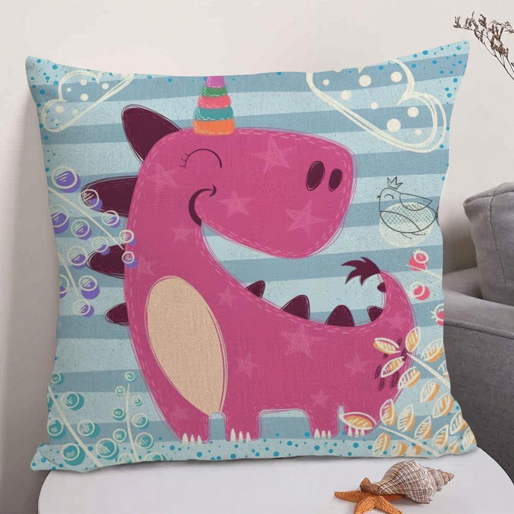 Cute Cartoon Dinosaur Cushion Cover Natural Linen Organic Fabric DoubleSided Printing Sofa Home Decor Gift Pillow Case