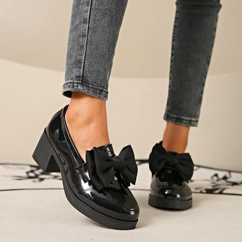 Fashion ZOKI 2025 Spring Sweet Bowknot Square Heel Pumps Woman Black Patent Leather Women's Loafers Platform Slip On Shoes for Women