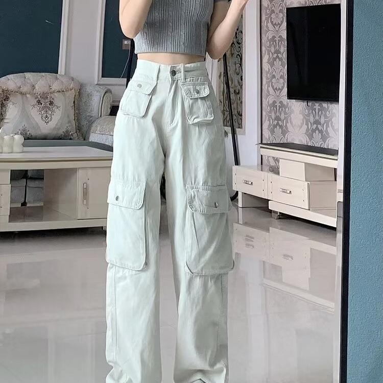 

Песочно-белые женские джинсы с высокой посадкой и широкими штанинами - Весенне-осенние стройнящие брюки прямого кроя S белый/песочный