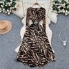 Chic Sexy Print Mesh Ruched Dress Long Sleeve Fairy Casual A-line Autumn Winter  Vestidos Women Party Dress