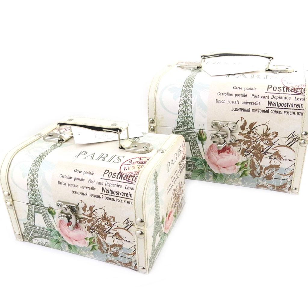 Les Trésors De Lily [M7742] - Sada 2 béžově zelených dřevěných kufrů 'Belle Epoque' (Eiffelova věž) - 22x18x14 a 18x15x10 cm