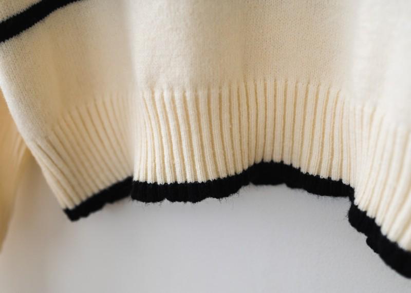 Women's Off-White Retro Patchwork Chiffon Striped Knit Sweater Shirt, One Size, Black, Korean Niche Design.
