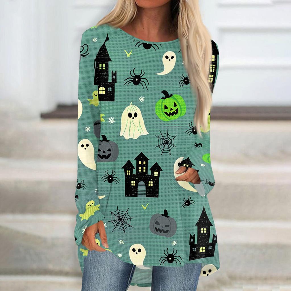 Women's Halloween Printed Long Sleeve Round Neck T-Shirt Mid-Length Casual Top