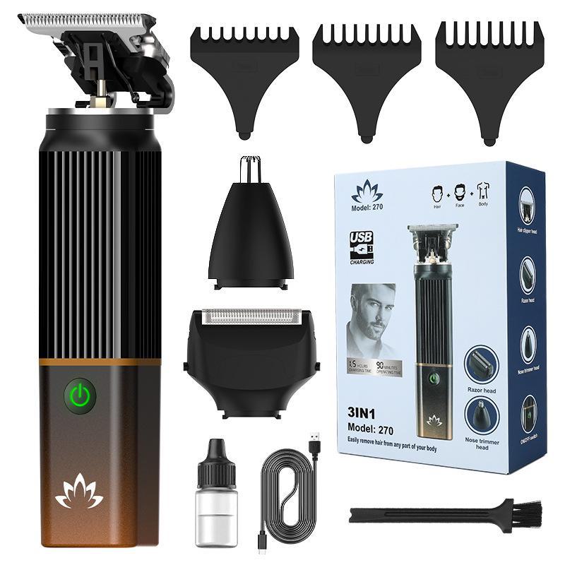 Portable 3-in-1 Electric Hair Clipper Set: Multi-Function Head, Nose Hair Trimmer, and Shaver