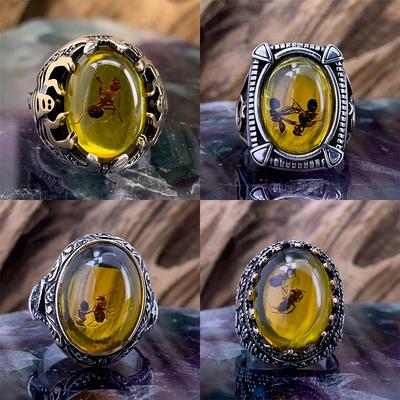 Bague Vintage Grande Ovale en Pierre d'Agate Naturelle pour Homme Rétro Incrustée Zircon Jaune Rouge Bague Antique pour Femme Alliance Zircon