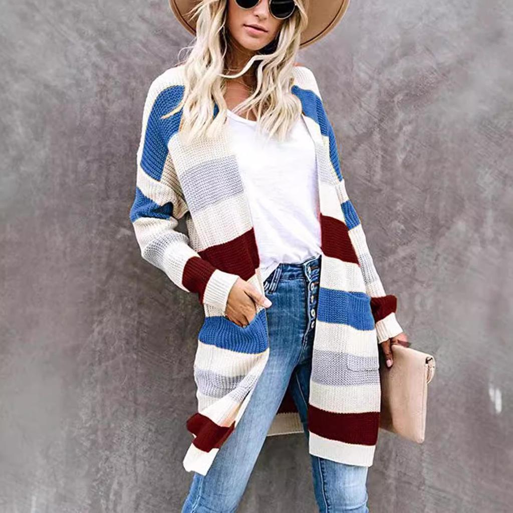 2025 Women's Long Color Block Striped Patchwork Cardigan for Autumn/Winter