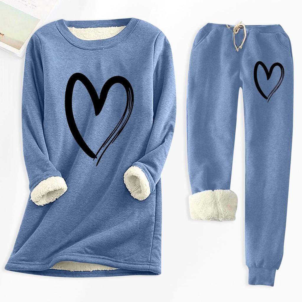 Ladies' Loose And Comfortable Round Neck Heart-shaped Printed Thick Long Sleeved Top With Cotton Pants Set