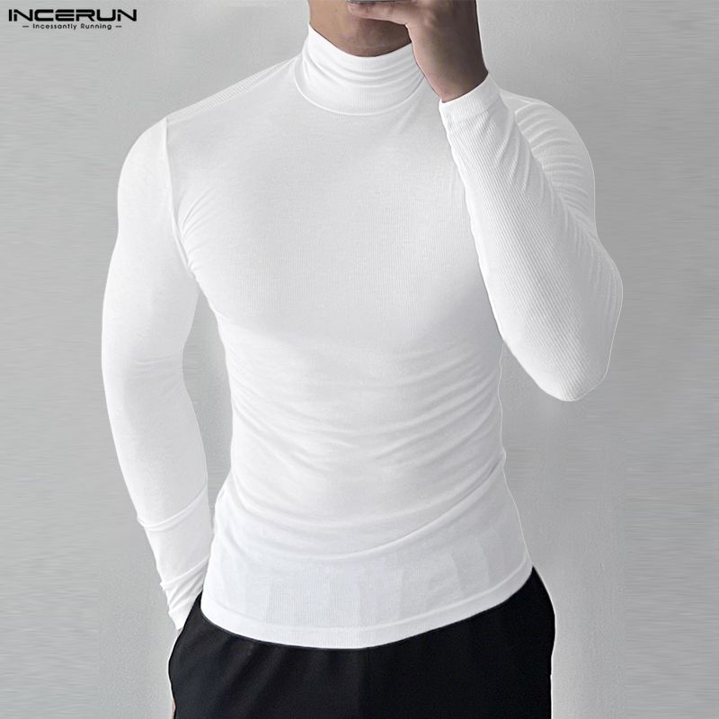 INCERUN S-5XL Men Long Sleeve Ribbed Fitted Pullover Tops Autumn Spring Undershirts
