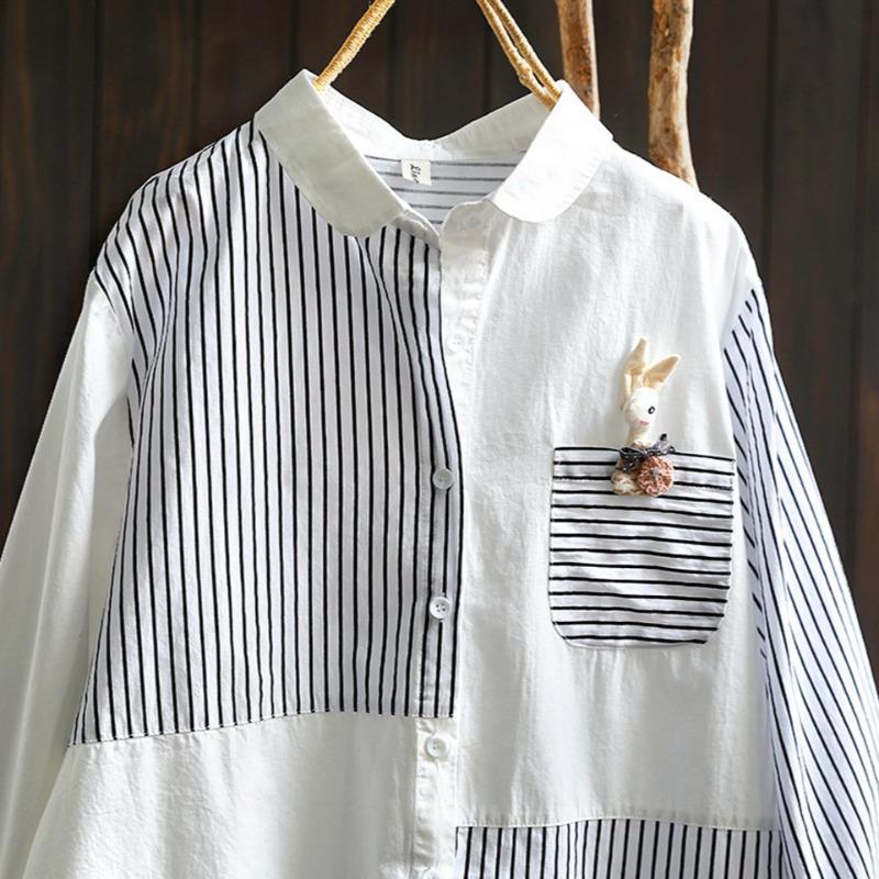 Striped Patchwork Cotton Long Sleeved Shirt for Women Loose Slimming Handmade Rabbit Pocket Single Breasted Shirt Blouses & Shirts